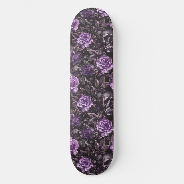 Skateboard Gótico Black Purple Skulls y Rosas (Anverso)