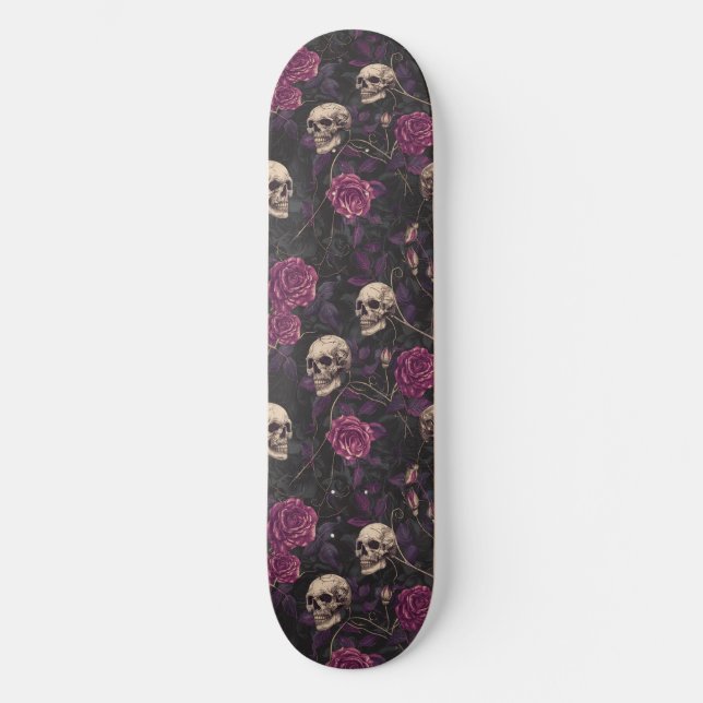 Skateboard Gótico Black Purple Skulls y Rosas (Anverso)