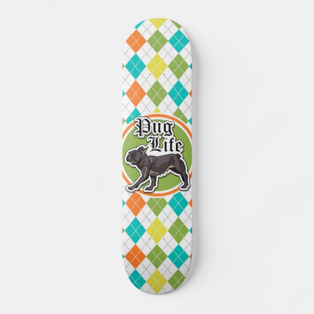 Skateboard Gracioso Pug; Colorido Patrón Argyle (Anverso)