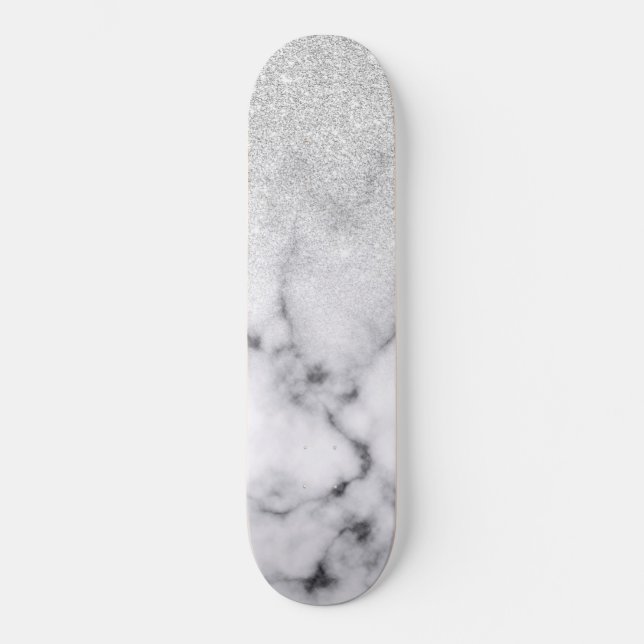 Skateboard Gradiente de mármol Purpurina blanco plateado glam (Anverso)
