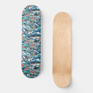 Skateboard Grandes Tiburones Blancos En Flora De Ondas Caídas