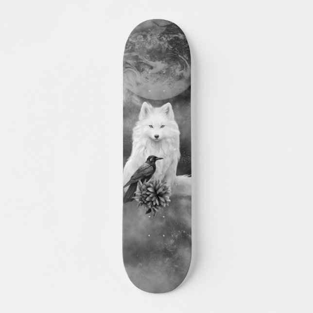 Skateboard Gray Scale White Fox Fantasy Raven Moon Skate Deck (Anverso )