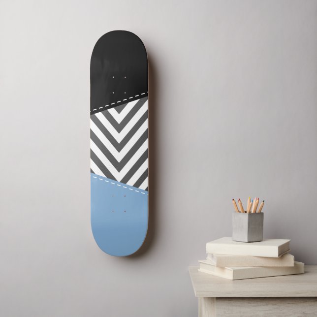 Skateboard Gris Zigzag, Gris Chevron, Zigzag Pattern, Azul (Arte de la pared)