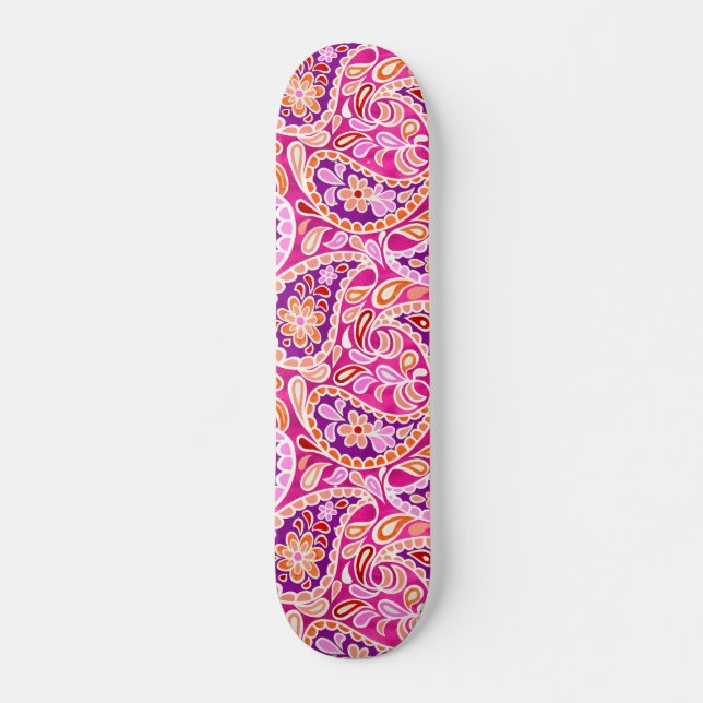 Skateboard Groovy Daisy Paisley BoHo Acuarela Fucsia (Anverso )