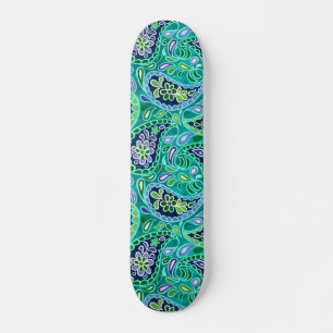 Skateboard Groovy Daisy Paisley BoHo Acuarela Verde Azul