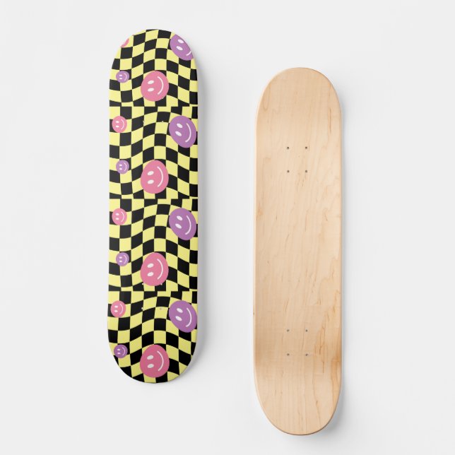 Skateboard Groovy psicodélico Retro Smiley Checkerboard, (Anverso)