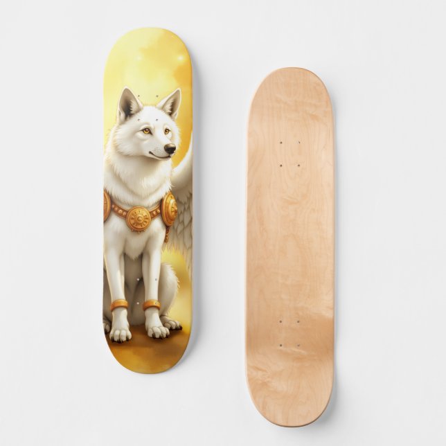 Skateboard Guardián del Amanecer – El Lobo Alado Blanco.  (Anverso)