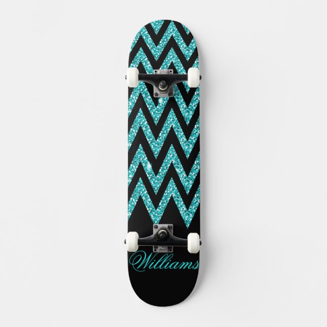 Skateboard Guay chevron zigzag peacock azul faux purpurina (Anverso)
