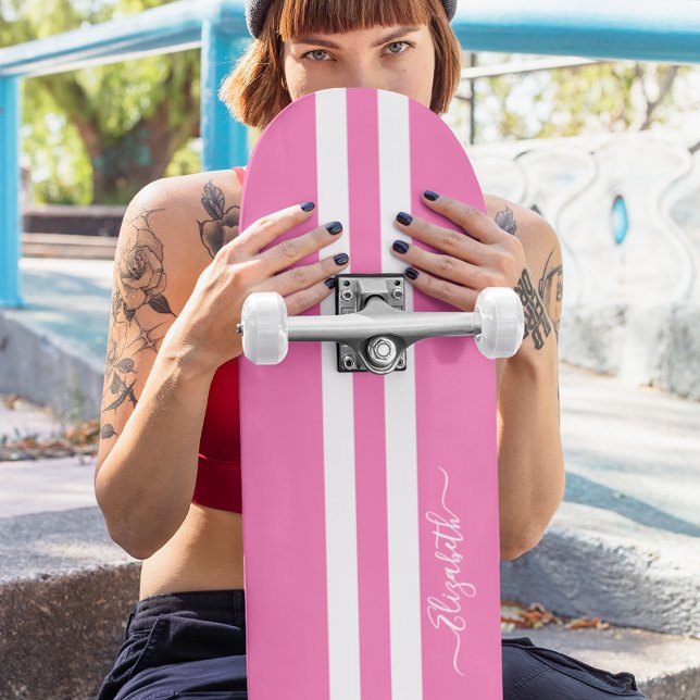 Skateboard Guay Skater Chica Rayos de Carreras Blanca Rosa Gi (Cool Skater Girl Girly Pink White Racing Stripes Skateboard)