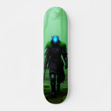Skateboard Guerrero fantasma en oscuro bosque