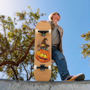 Skateboard Halloween Curte Kitty Witch and Pumpkin Friend