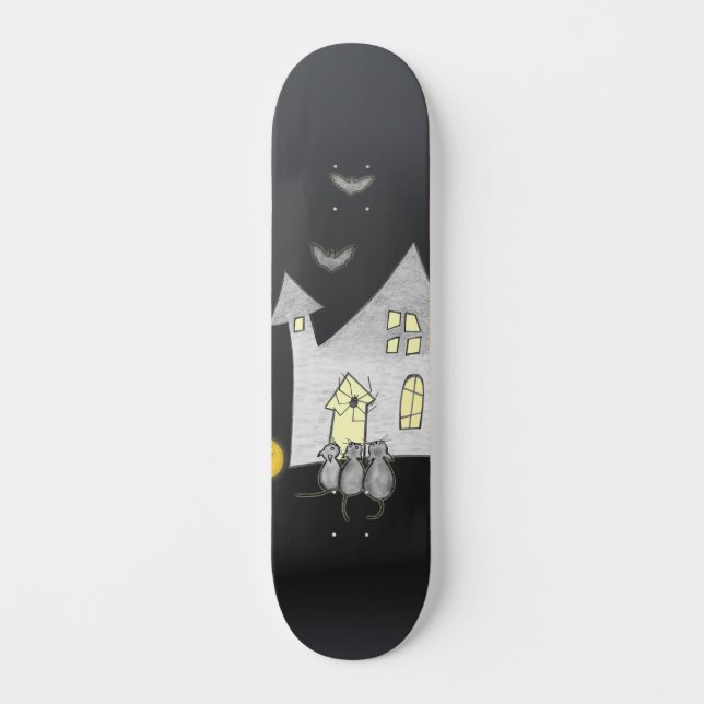 Skateboard Halloween House, gatos negros, murciélagos, calaba (Anverso)