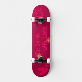 Skateboard Hand-Drawn Pink Hearts & Floral Romantic