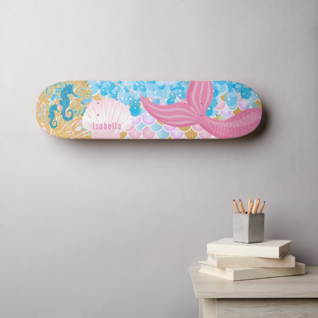 Skateboard Hermosa cola de sirena rosa (Arte de pared (horz))