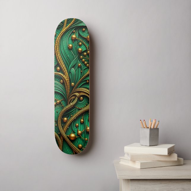 Skateboard Hermosa Floral Verde y Oro y abalorios Resumen (Arte de la pared)