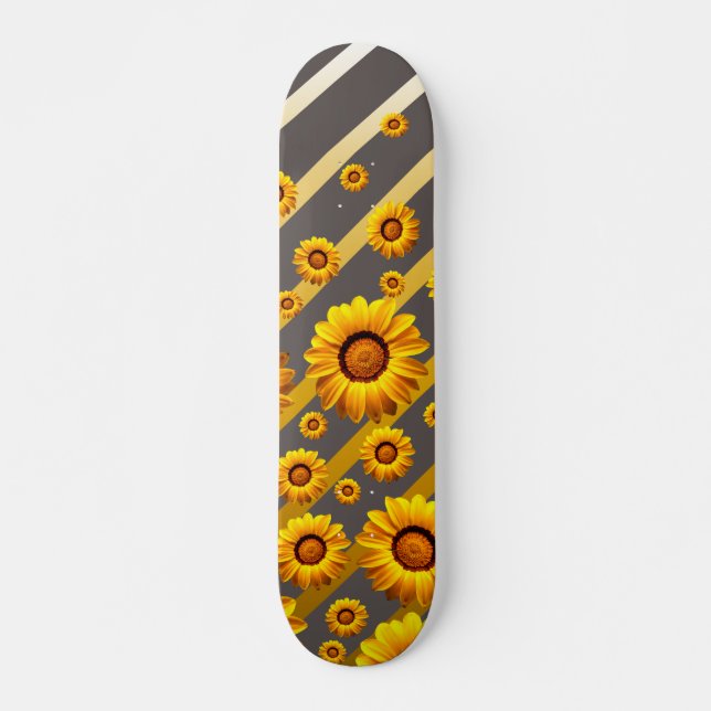 Skateboard Hermosas flores amarillas sobre rayas grises, dora (Anverso )