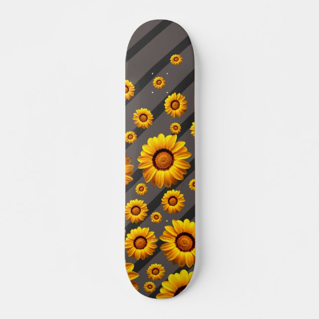 Skateboard Hermosas flores amarillas sobre rayas grises y neg (Anverso )