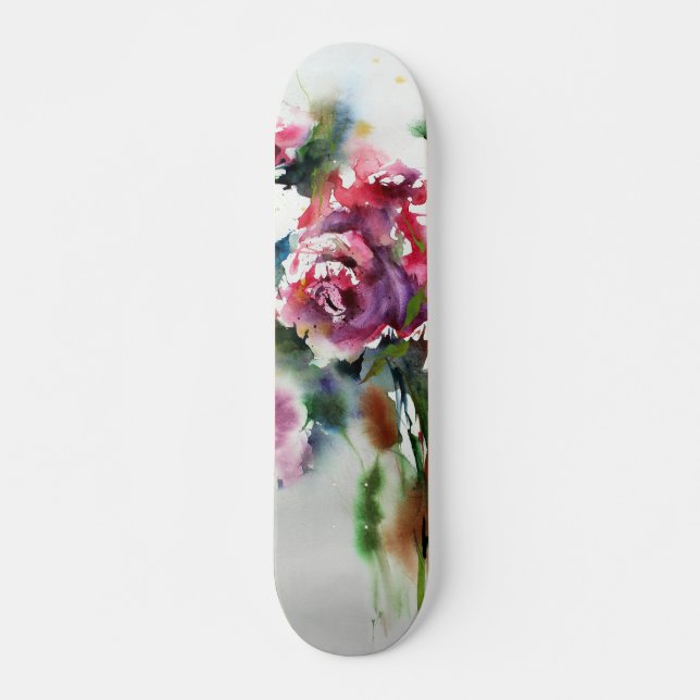 Skateboard Hermosas Rosas Rojas en Arte Acuarela (Anverso )