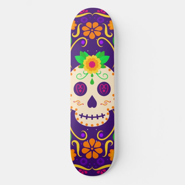 Skateboard Hermoso cráneo con flores Día de los Muertos (Anverso)