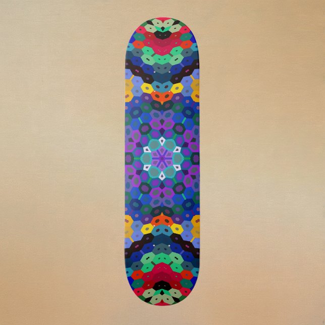 Skateboard Hex Mandala Blue Yellow Red and Green (Blue Yellow Red and Green Hexagon Mandala Skateboard by Wormhole Orbital)