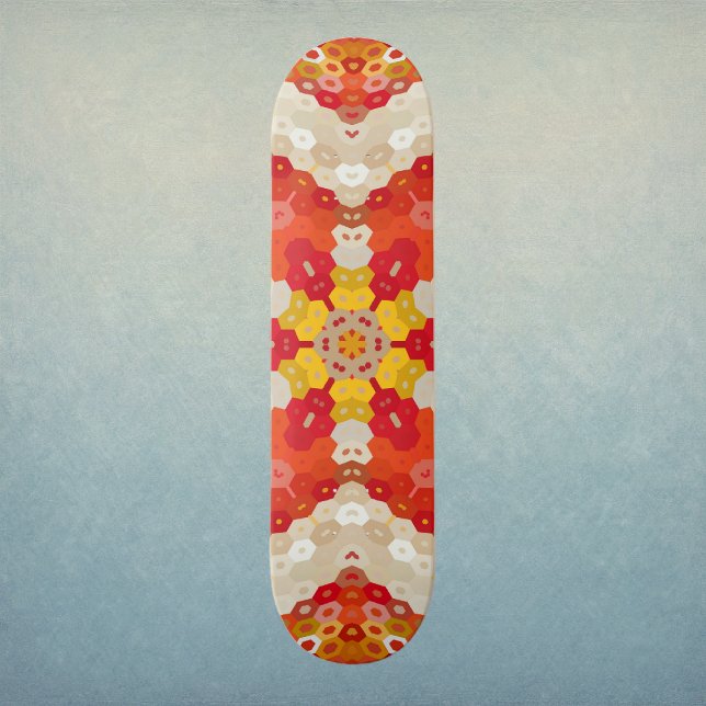 Skateboard Hex Mandala Red and Yellow (Red and Yellow Hexagon Mandala Skateboard by Wormhole Orbital)