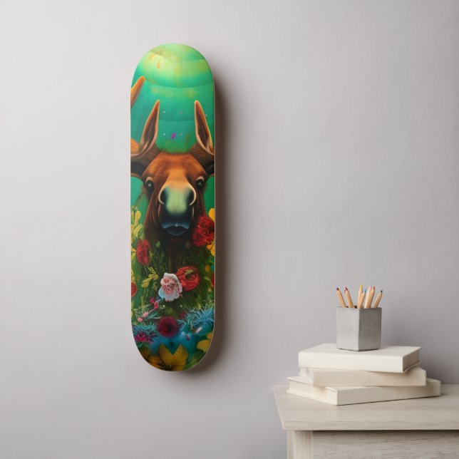 Skateboard Hippy Trippy Moose con flores Arte de IA (Arte de la pared)