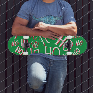 Skateboard HO HO HO patrón de texto de Navidad blanco verde r