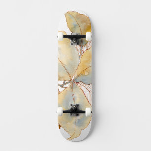 Skateboard Hojas botánicas acuarelas doradas azules suaves