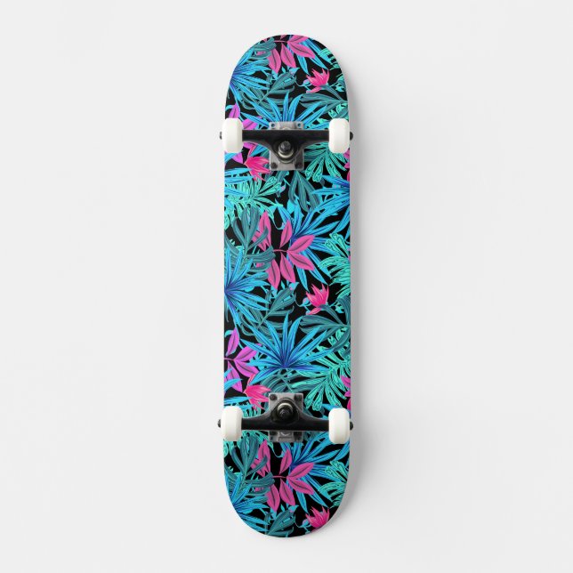 Skateboard Hojas tropicales azules y rosas (Anverso)