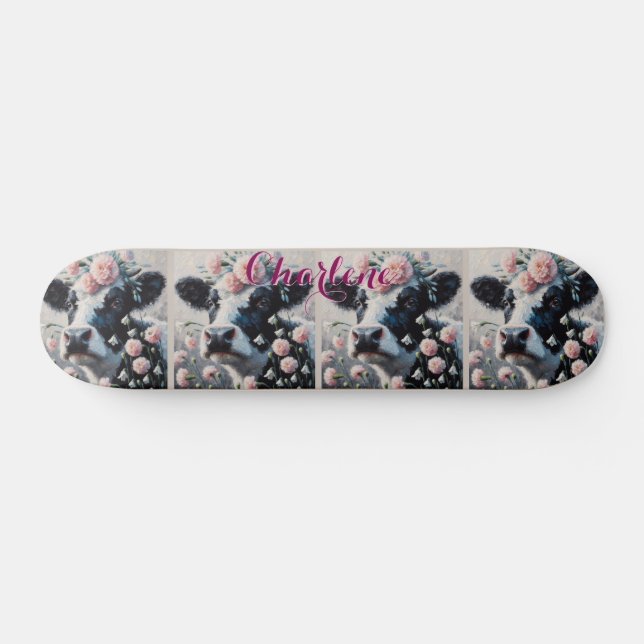 Skateboard Holstein Cow Carnations Farmhouse Personalizado (Horz)