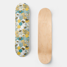 Skateboard Honeycomb floral con abejas amarillas y Verde azul