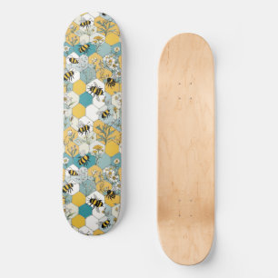 Skateboard Honeycomb floral con abejas amarillas y Verde azul