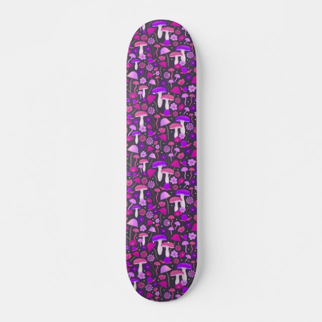 Skateboard Hongos trippy morado, rosado y negro (Anverso )
