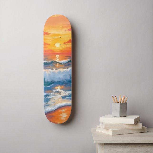 Skateboard Horizonte Fundido | Olas del Océano Puesta de Sol  (Arte de la pared)