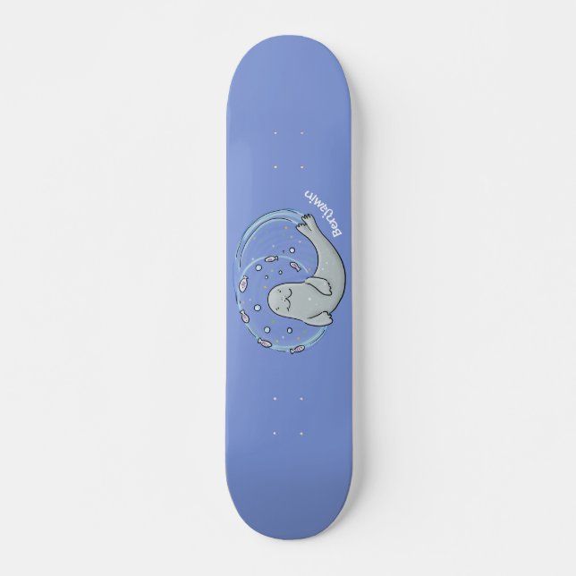 Skateboard Ilustracion de foca feliz y personalizado azul de  (Anverso )