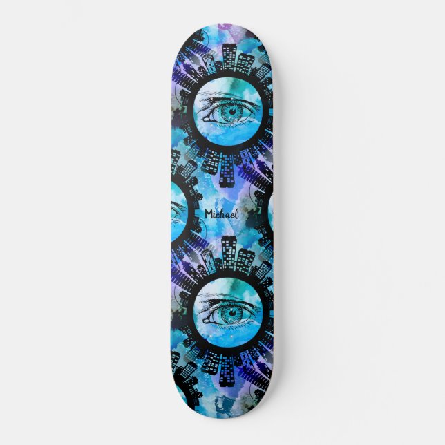 Skateboard Ilustracion de Grafitti Azul con ojos de lata (Anverso)