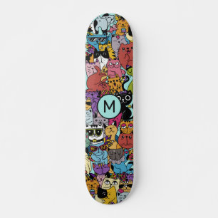 Skateboard Ilustración divertida de gatos con monograma perso