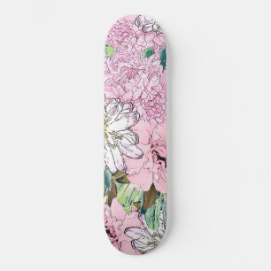 Skateboard Ilustracion floral blanco y rosa de Rubor