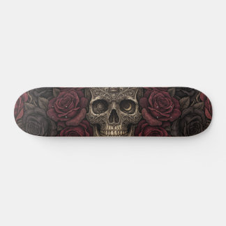 Skateboard Ilustración gótica de cráneo intrincado y rosas os