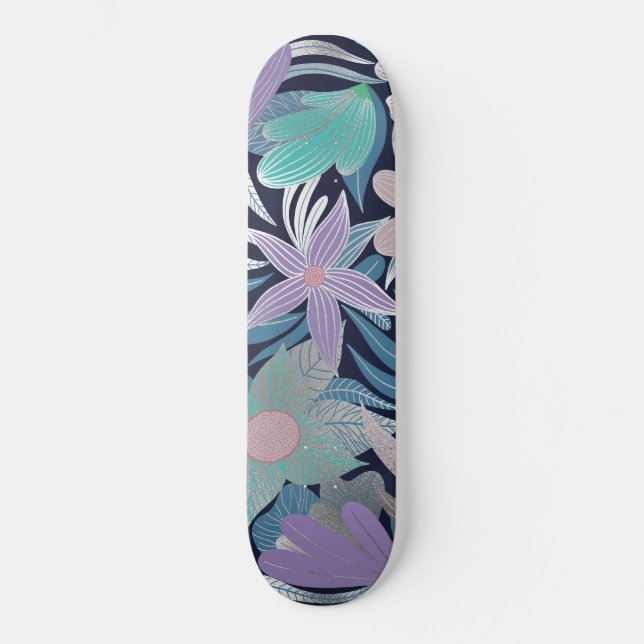 Skateboard Ilustraciones de hojas florales azul morado platea (Anverso)