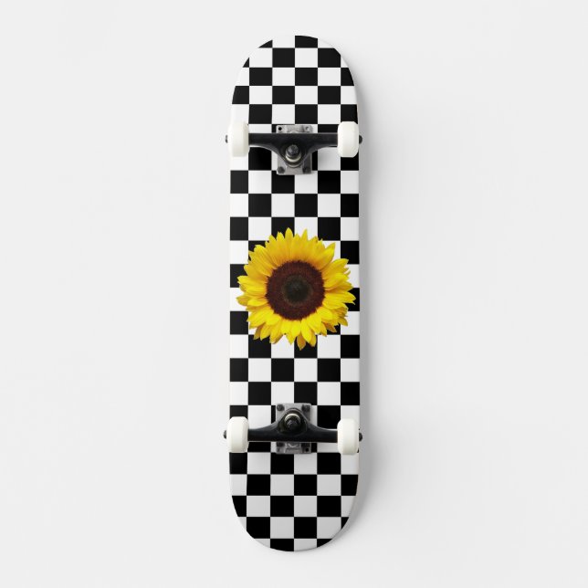 Skateboard Impresión de cremallera y girasol en blanco y negr (Anverso)