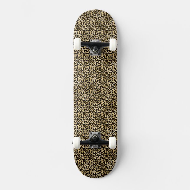 Skateboard Impresión de leopardo negro dorado (Anverso)