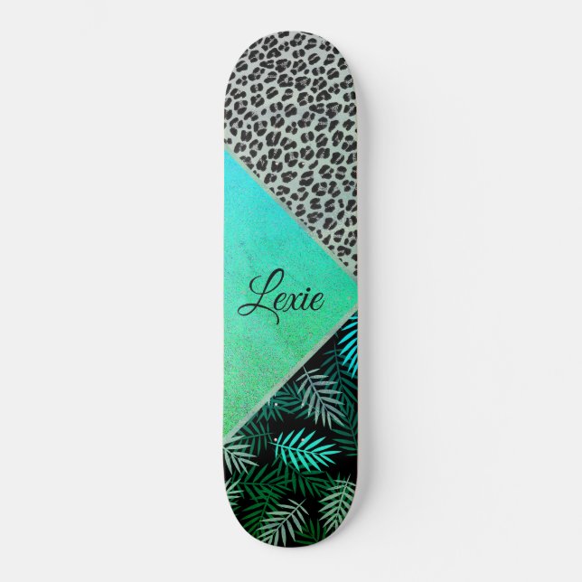 Skateboard Impresión de leopardo tropical Verde azulado Purpu (Anverso)