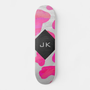 Skateboard Impresión en blanco y rosa caliente de vaca monogr