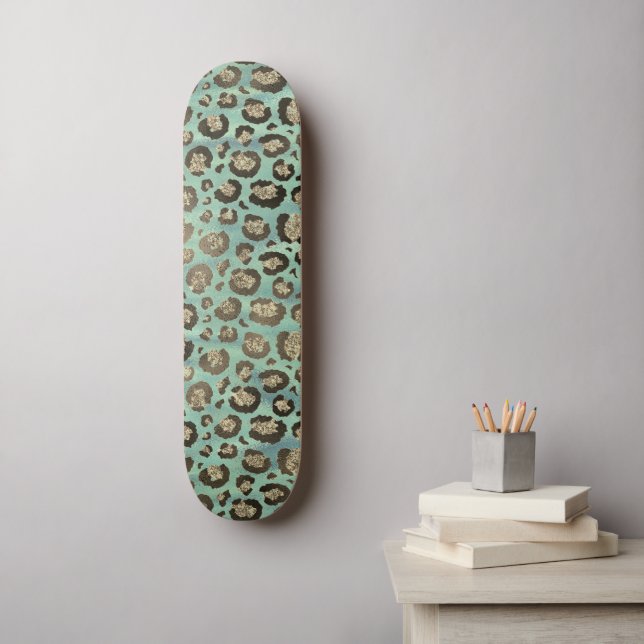 Skateboard Impresión Purpurinoso de leopardo sobre verde bril (Arte de la pared)