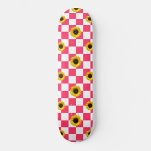 Skateboard Impresión rosa y blanca a cuadros y girasoles