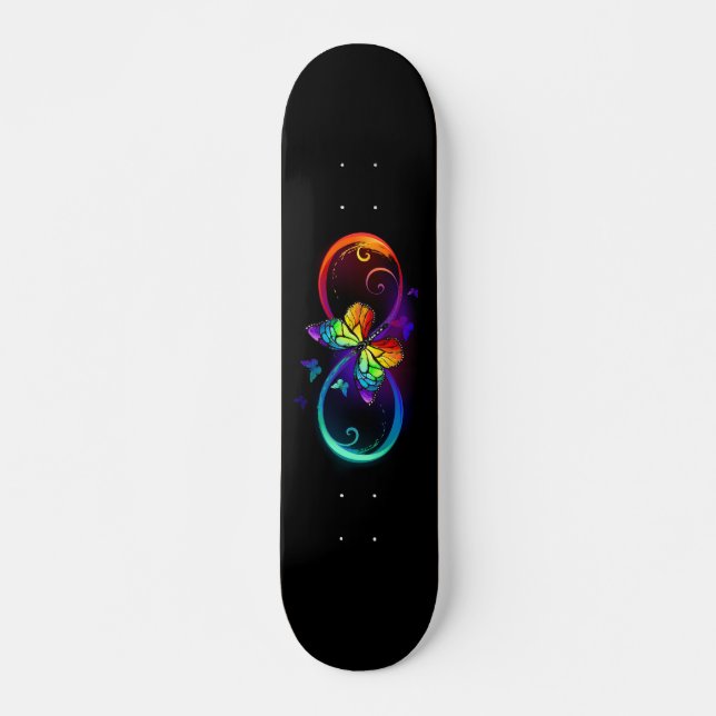 Skateboard Infinito vibrante con mariposa arco iris sobre neg (Anverso )