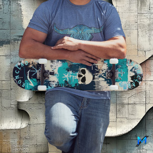 Skateboard Inspirado en grafitis náuticos con calaveras y anc