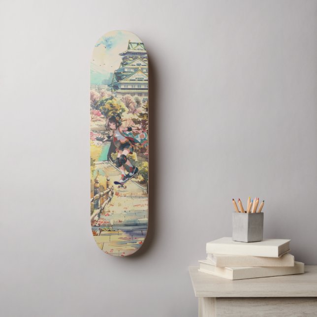 Skateboard Japanese Anime Girl Japan Cherry Blossom (Arte de la pared)