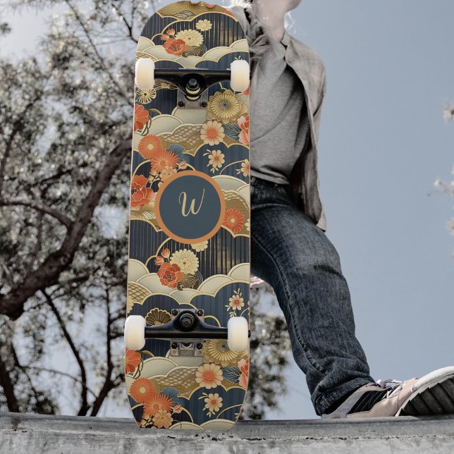Skateboard Japanese Style Retro Teal Floral n Clouds Initial (Subido por el creador)